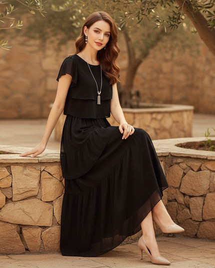 Kurzes Schwarzes Chiffonkleid mit Ruschenrock - Ansicht 5