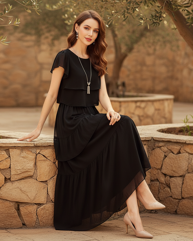Kurzes Schwarzes Chiffonkleid mit Ruschenrock - Ansicht 5