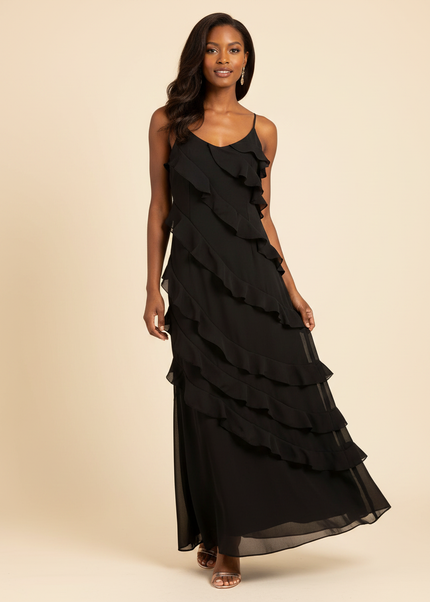 Schwarzes Chiffonkleid mit Volants - Ansicht 1