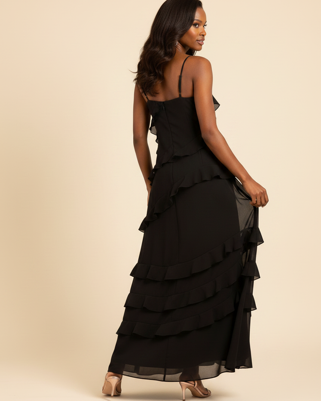 Schwarzes Chiffonkleid mit Volants - Ansicht 2