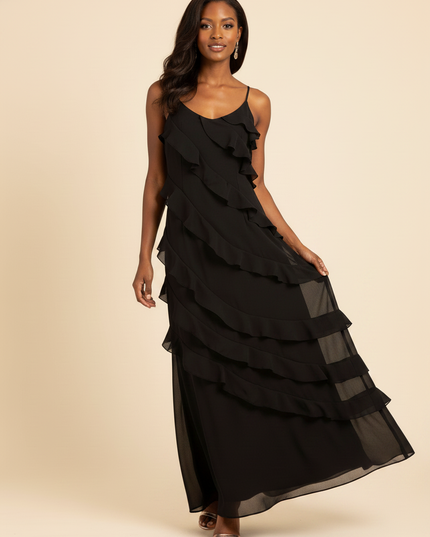 Schwarzes Chiffonkleid mit Volants - Ansicht 3