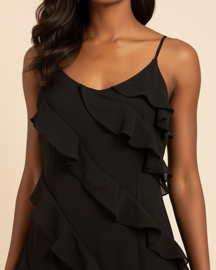Schwarzes Chiffonkleid mit Volants - Ansicht 4
