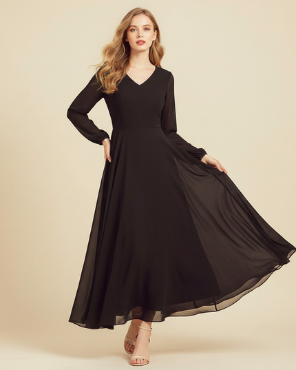 Schwarzes Chiffonkleid V-Ausschnitt Maxi - Ansicht 1
