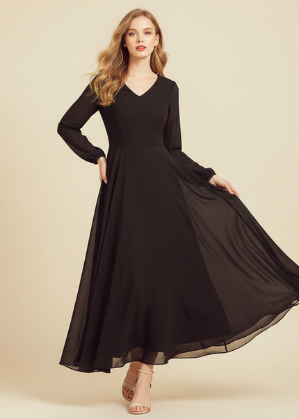 Schwarzes Chiffonkleid V-Ausschnitt Maxi - Ansicht 1