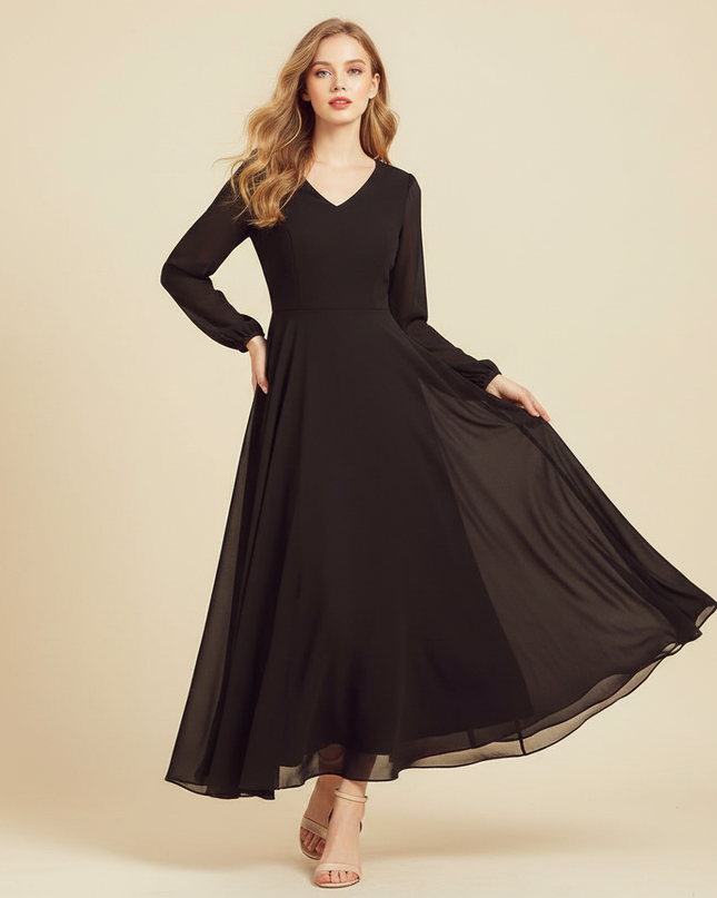 Schwarzes Chiffonkleid V-Ausschnitt Maxi - Ansicht 1