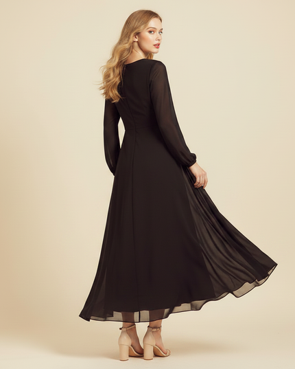 Schwarzes Chiffonkleid V-Ausschnitt Maxi - Ansicht 2