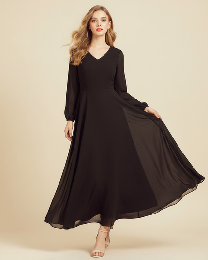 Schwarzes Chiffonkleid V-Ausschnitt Maxi - Ansicht 3