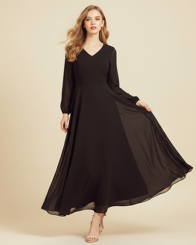 Schwarzes Chiffonkleid V-Ausschnitt Maxi - Ansicht 3