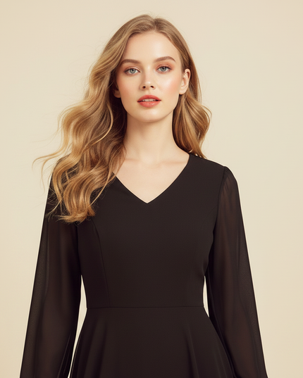 Schwarzes Chiffonkleid V-Ausschnitt Maxi - Ansicht 4