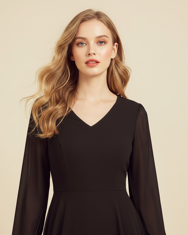 Schwarzes Chiffonkleid V-Ausschnitt Maxi - Ansicht 4