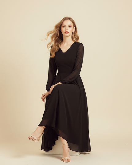Schwarzes Chiffonkleid V-Ausschnitt Maxi - Ansicht 5