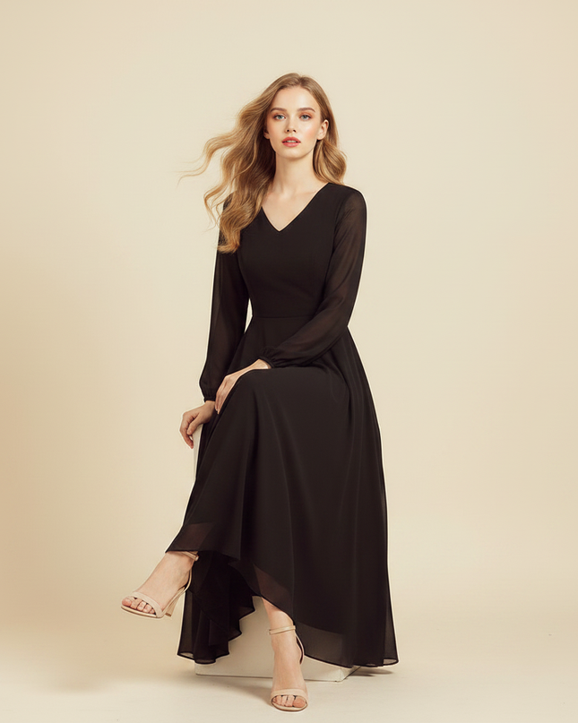 Schwarzes Chiffonkleid V-Ausschnitt Maxi - Ansicht 5