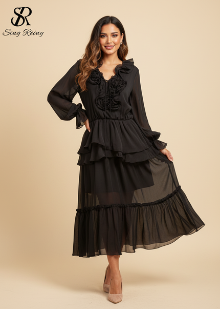 Verspieltes schwarzes Chiffonkleid - Ansicht 1