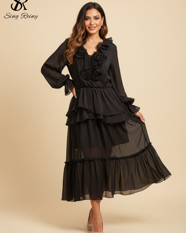 Verspieltes schwarzes Chiffonkleid - Ansicht 1