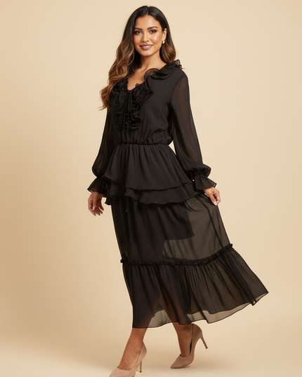 Verspieltes schwarzes Chiffonkleid - Ansicht 3