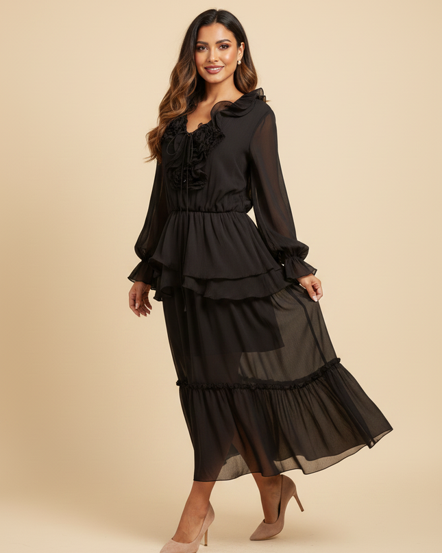 Verspieltes schwarzes Chiffonkleid - Ansicht 3