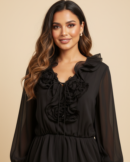 Verspieltes schwarzes Chiffonkleid - Ansicht 4