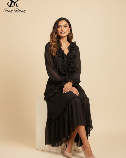 Verspieltes schwarzes Chiffonkleid - Ansicht 5