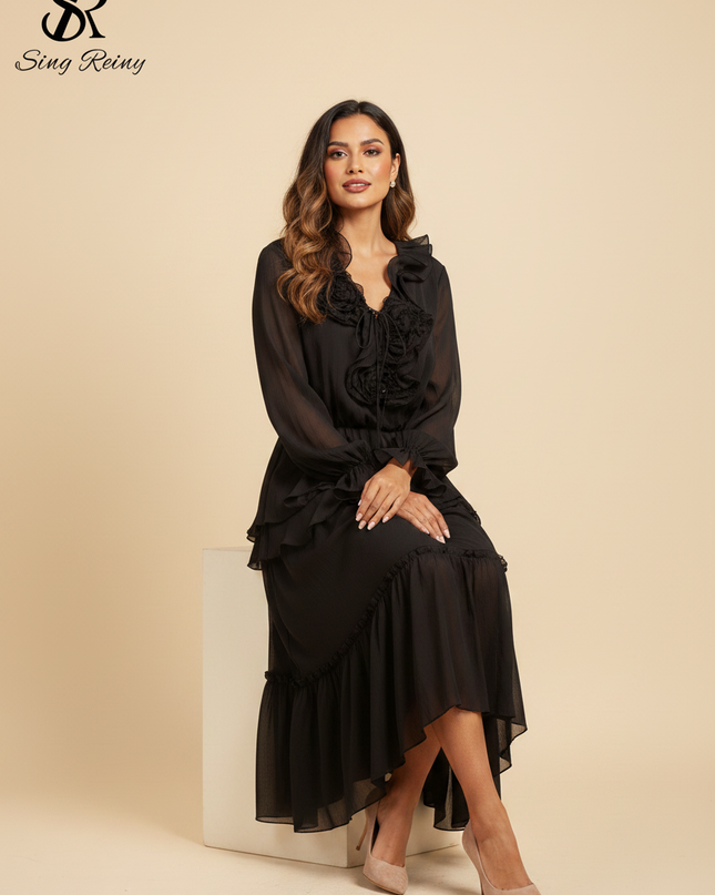 Verspieltes schwarzes Chiffonkleid - Ansicht 5