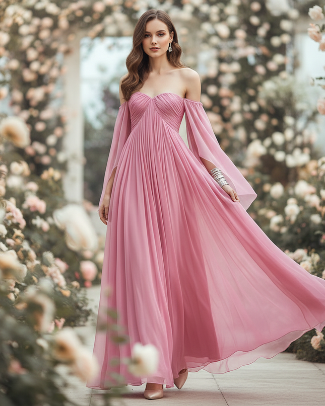 Rosa langes Kleid im Off-Shoulder-Stil - Ansicht 1