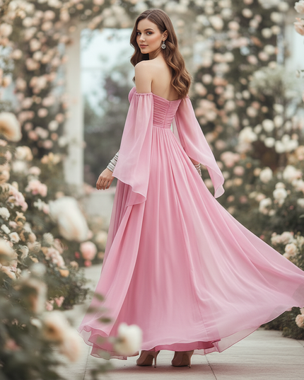 Rosa langes Kleid im Off-Shoulder-Stil - Ansicht 2