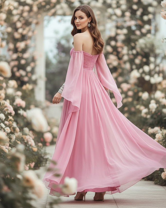 Rosa langes Kleid im Off-Shoulder-Stil - Ansicht 2
