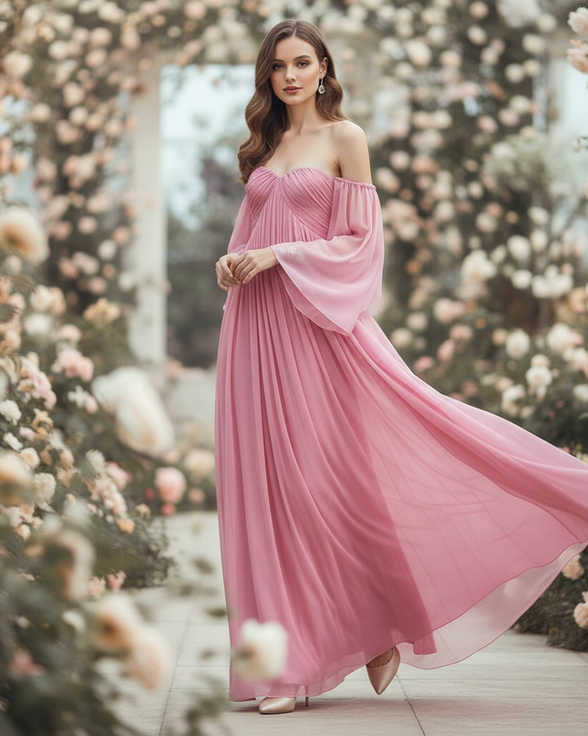 Rosa langes Kleid im Off-Shoulder-Stil - Ansicht 3