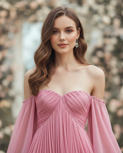 Rosa langes Kleid im Off-Shoulder-Stil - Ansicht 4