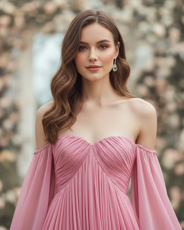 Rosa langes Kleid im Off-Shoulder-Stil - Ansicht 4