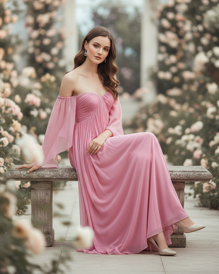 Rosa langes Kleid im Off-Shoulder-Stil - Ansicht 5
