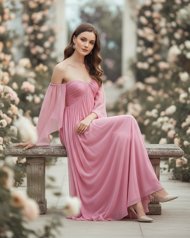 Rosa langes Kleid im Off-Shoulder-Stil - Ansicht 5